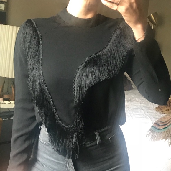 BLACK CREW NECK TASSLE BLOUSE, SIZE 4 - Picture 2 of 3